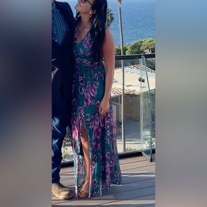 Long Elegant Floral Print Dress With a Side Slit and V Front